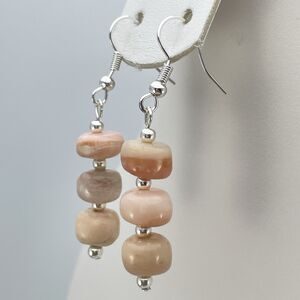 Stunning Pink Opal Round Beaded Dangle Earrings Silver Tone Boho Classic Cute